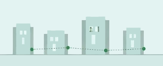 Illustration of a neighborhood block with happy workers and customers exchanging money directly